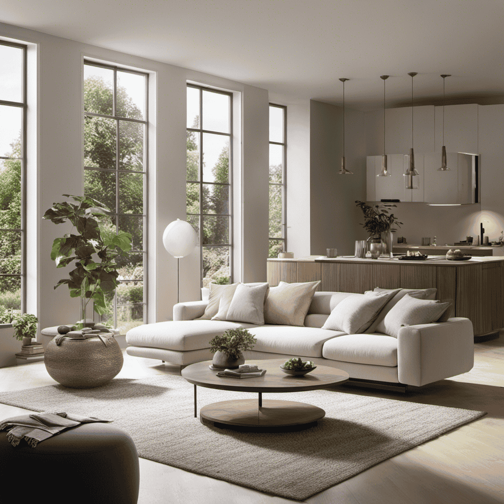 An image that showcases a serene living room with an air purifier quietly humming in the corner, capturing the sunlight filtering through the clean air, while delicate particles are drawn into the device, leaving the space fresh and revitalized