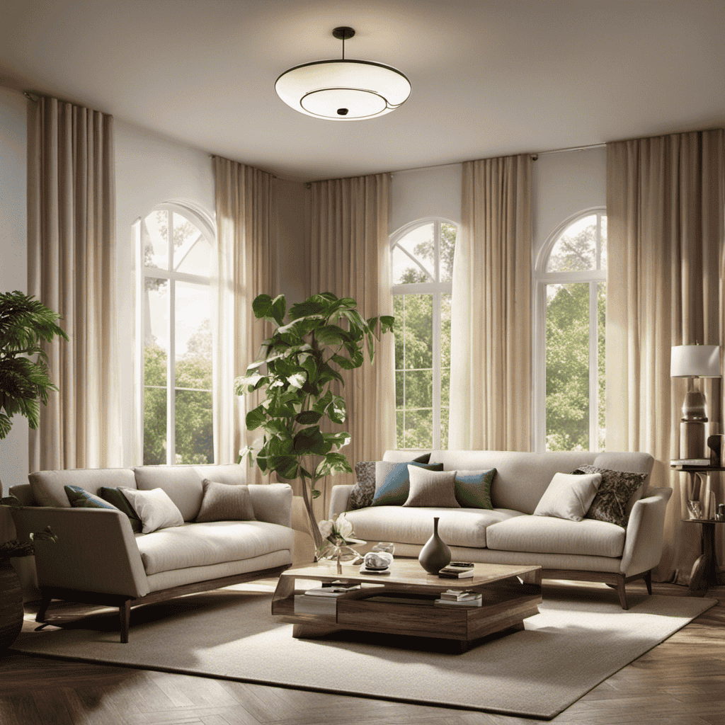 An image showcasing a serene living room with sunlight streaming through clean windows, as an air purifier silently removes microscopic pollutants, leaving the air fresh and invigorating