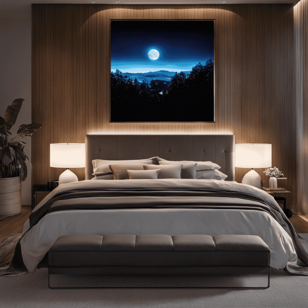 An image showcasing a serene bedroom with a sleek air purifier placed on a nightstand