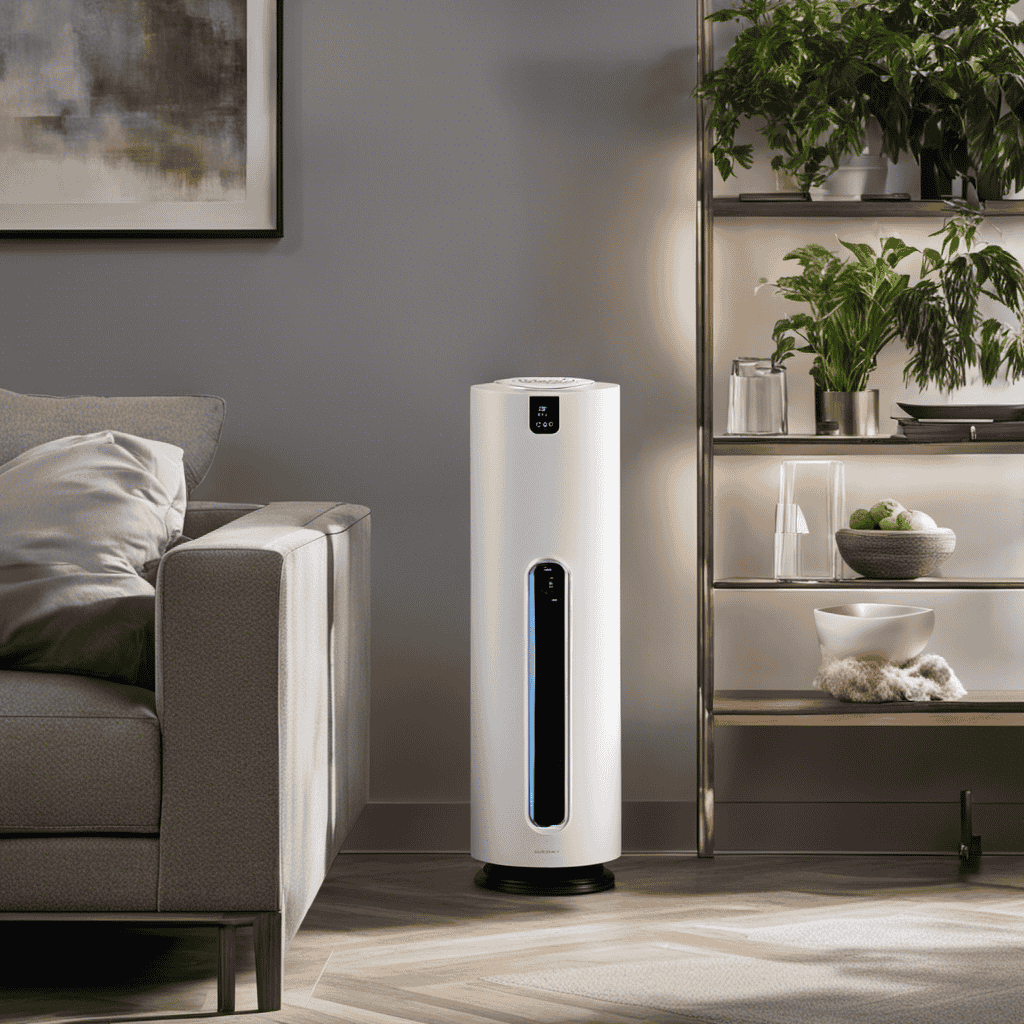 An image that showcases an air purifier with a clearly visible UV button, surrounded by a soft, ambient light
