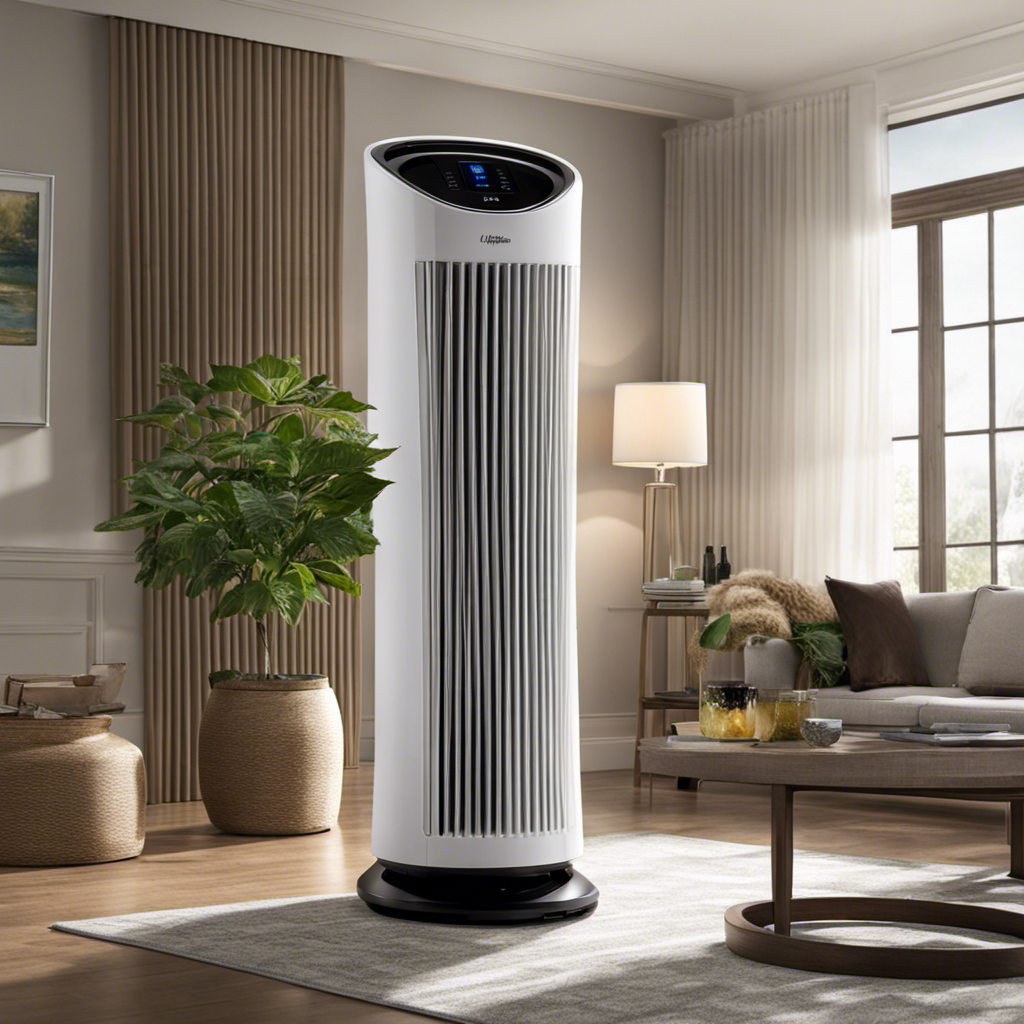 An image showcasing a serene living room with rays of sunlight filtering through the Hunter Hepatech Air Purifier 30379