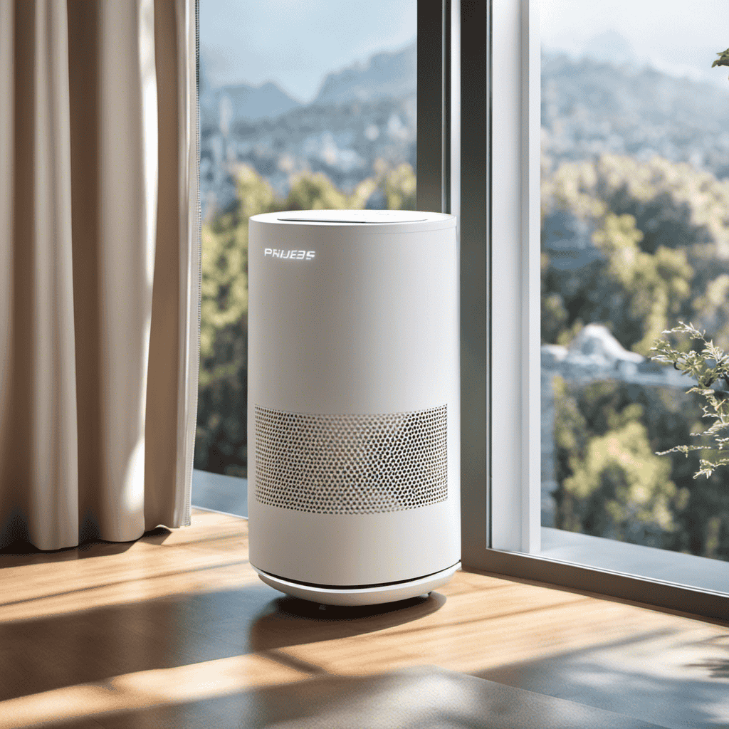 An image featuring an air purifier placed against a backdrop of a bright sunny window