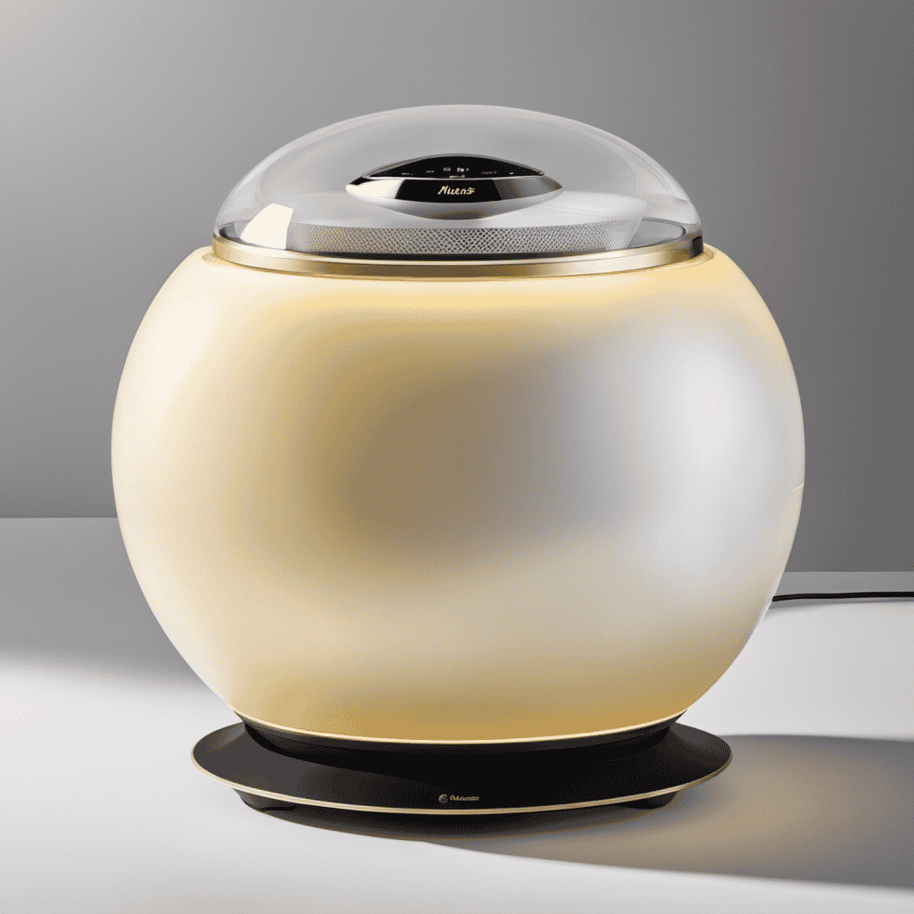 An image showcasing a Holmes Air Purifier with a soft yellow glow emanating from its atom-shaped light