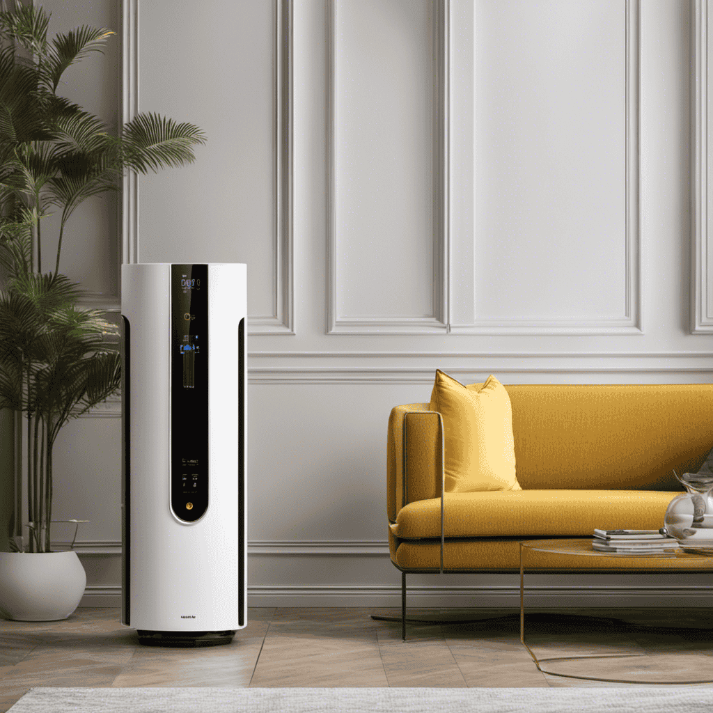 An image showcasing a sleek air purifier with a prominent yellow lion symbol prominently displayed on its intuitive control panel
