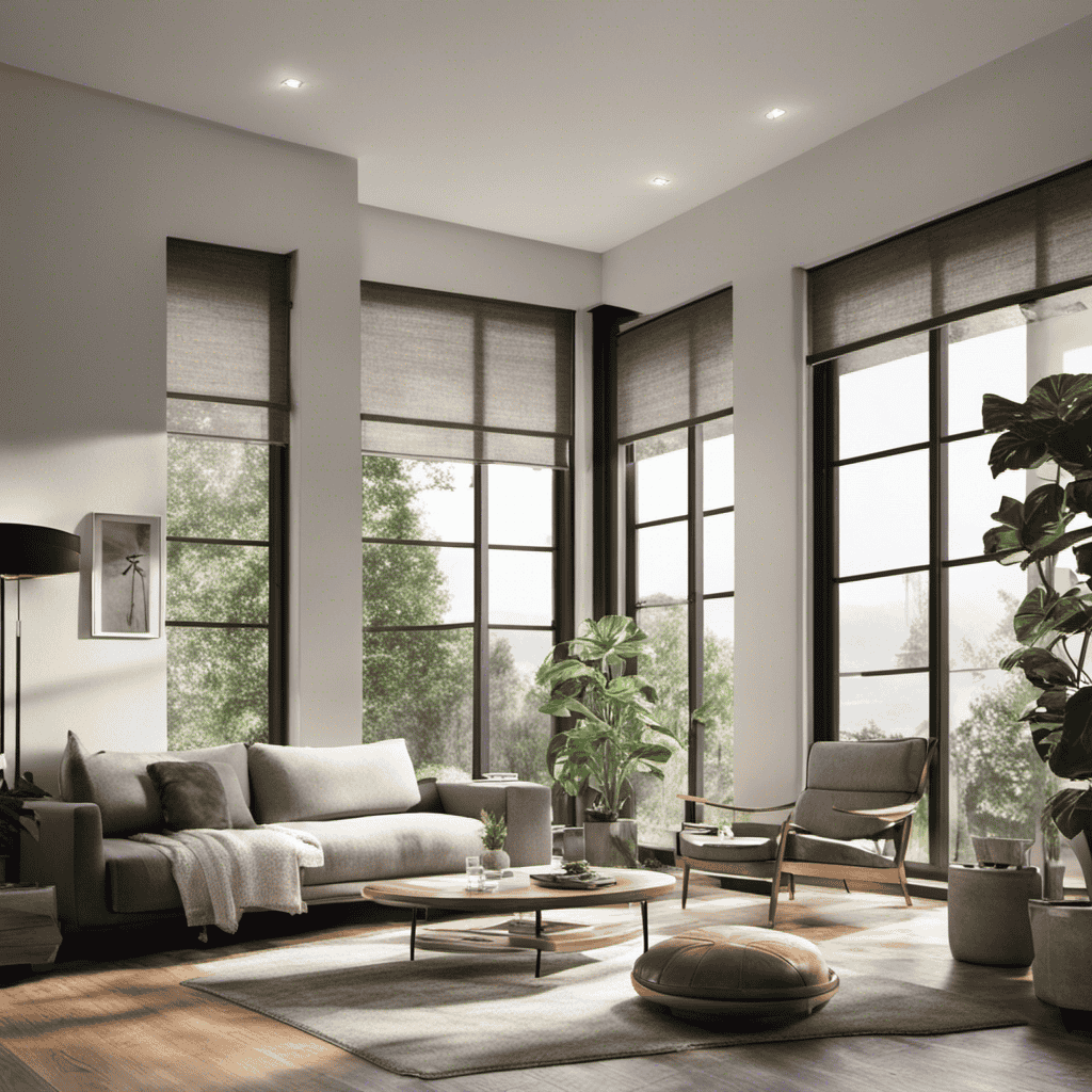 An image showcasing a modern living room with rays of sunlight streaming in through clean windows