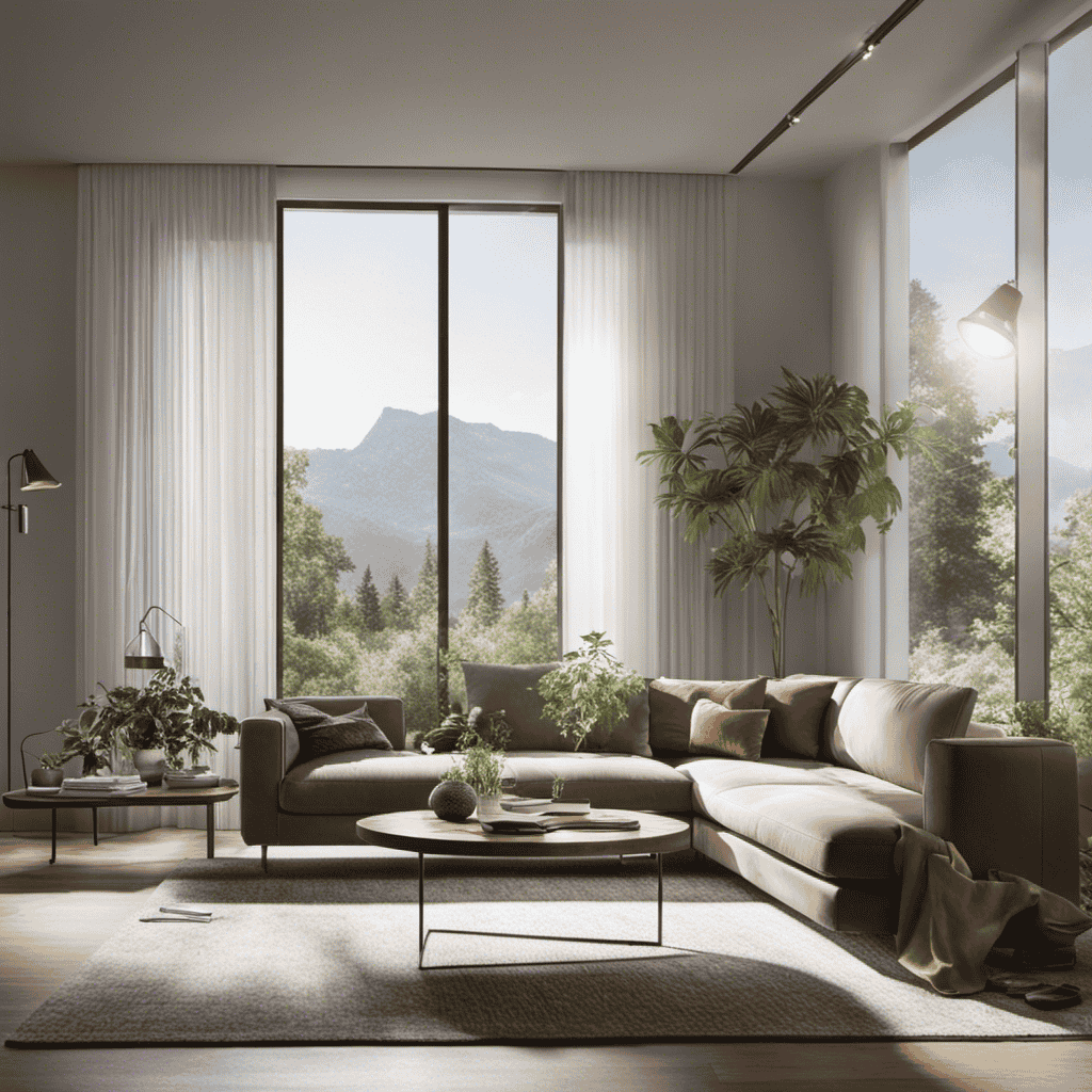 An image showcasing a modern living room with sunlight streaming through a window, where a sleek UV air purifier silently eliminates airborne contaminants, ensuring a clean and healthy environment