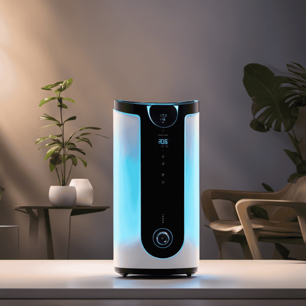 An image showcasing a sleek, modern air purifier with a UV bulb at its core