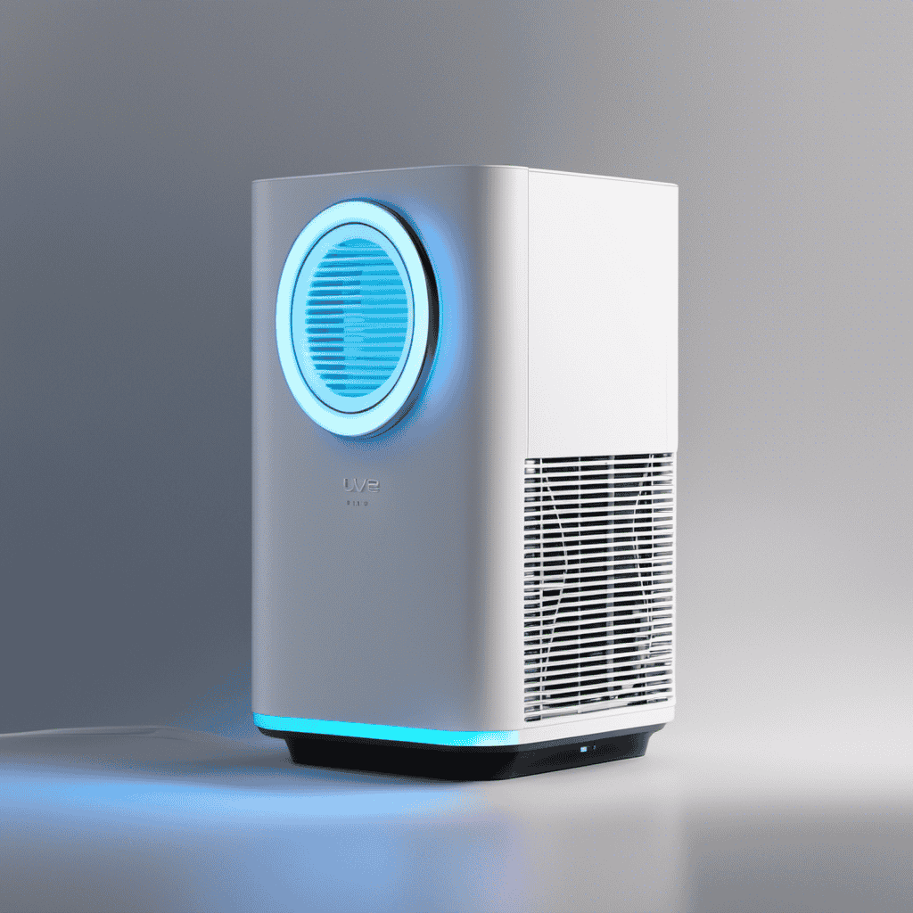 An image that showcases an air purifier with a prominent UV button, highlighted by a soft blue backlight