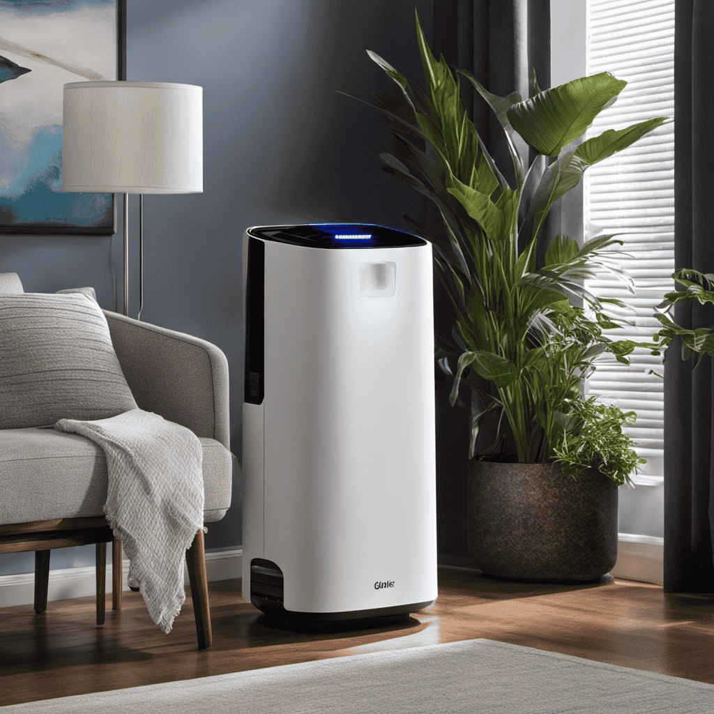 An image showcasing a sleek, modern UV-C air purifier in a well-lit room