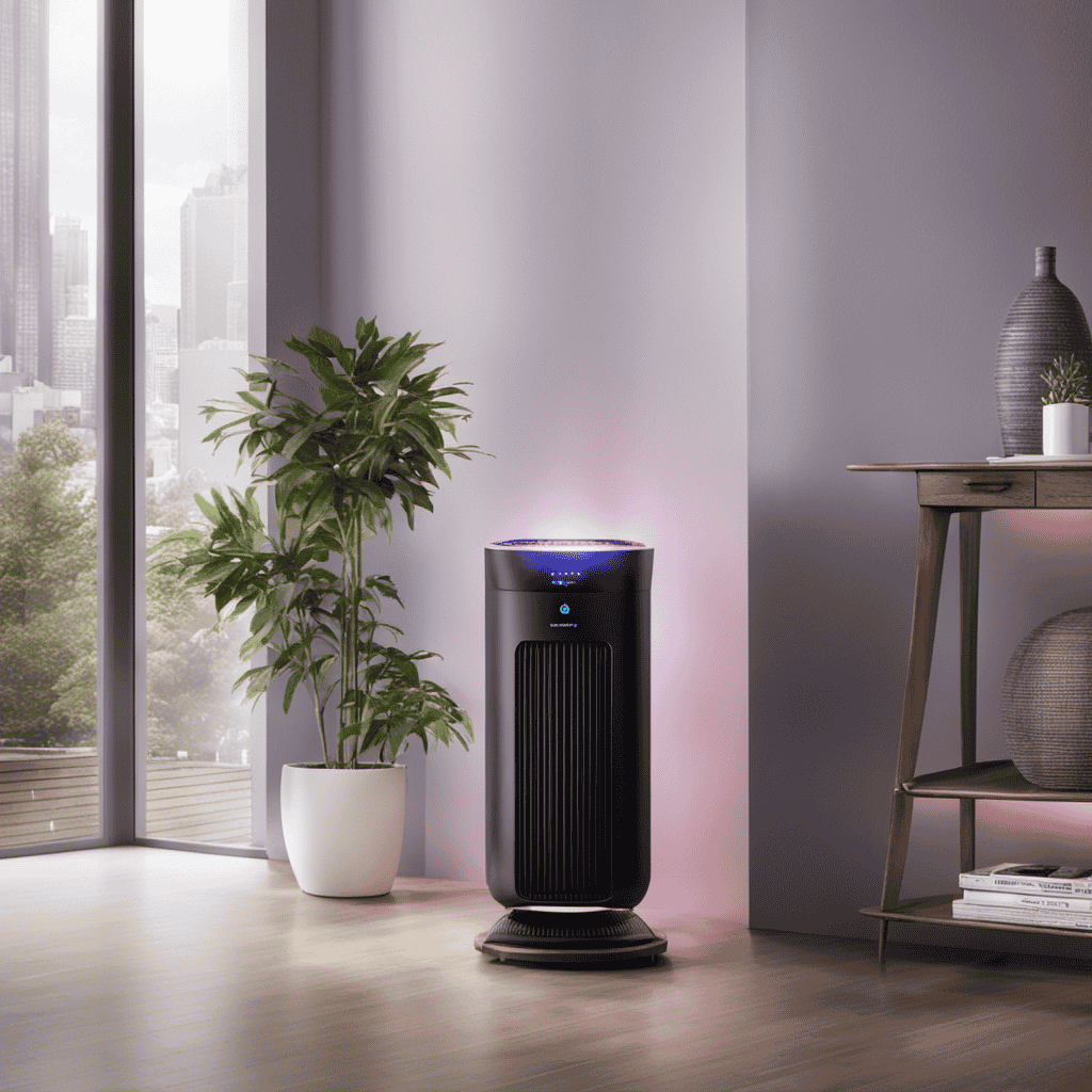 An image showcasing an air purifier, emitting a soft, violet light