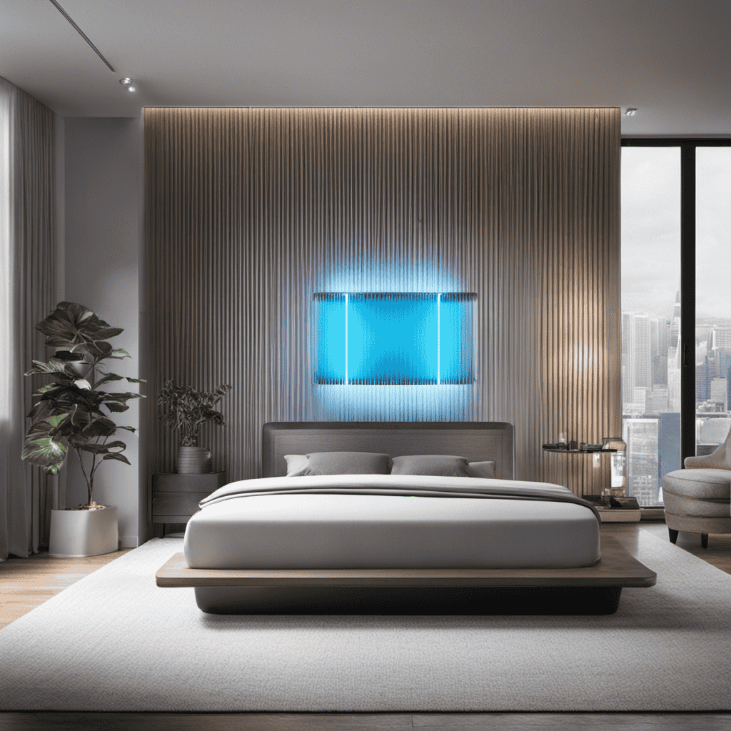 An image that showcases a modern air purifier with a sleek design, emitting a soft blue UV light that eliminates harmful germs and pathogens, ensuring clean and pure air for a healthy environment