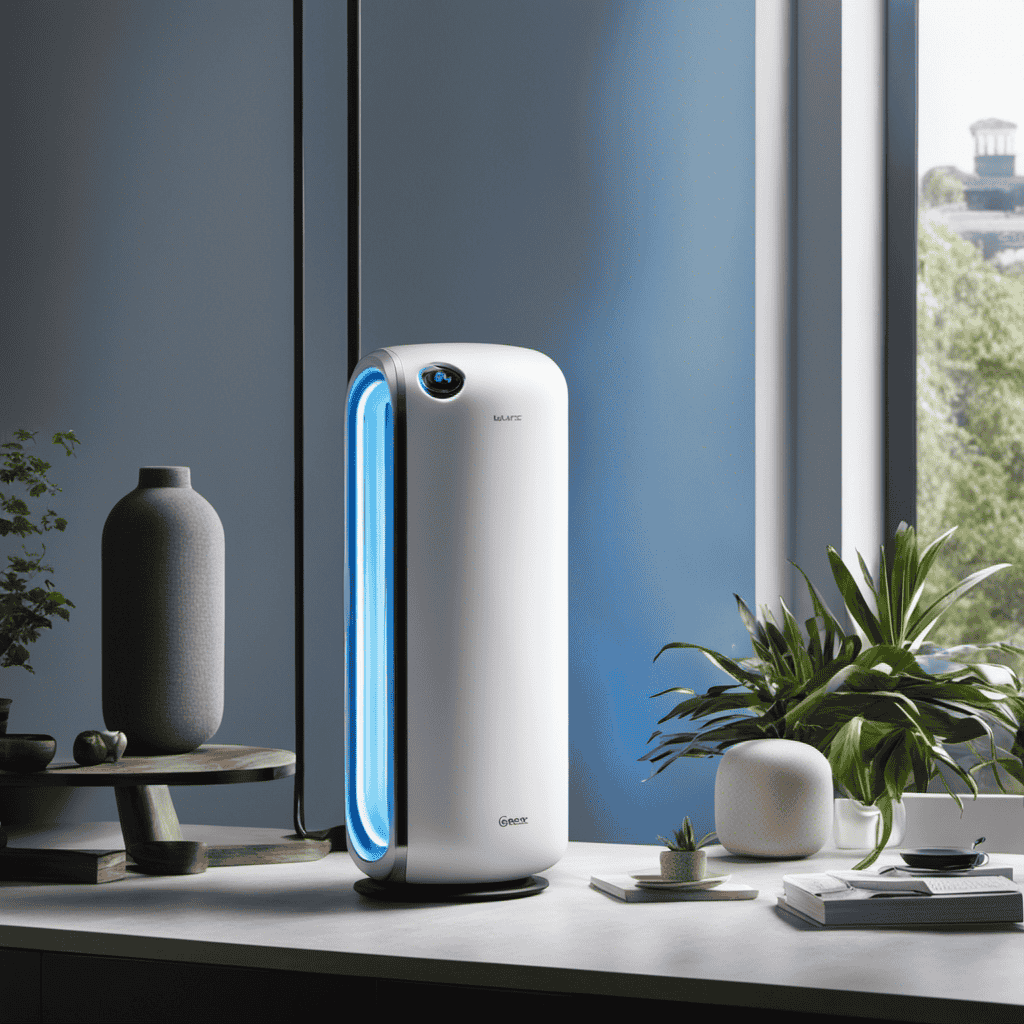 An image showcasing an air purifier with a UV-C light technology, where the purifier is emitting a soft blue UV light onto a microscopic airborne bacteria, effectively neutralizing it