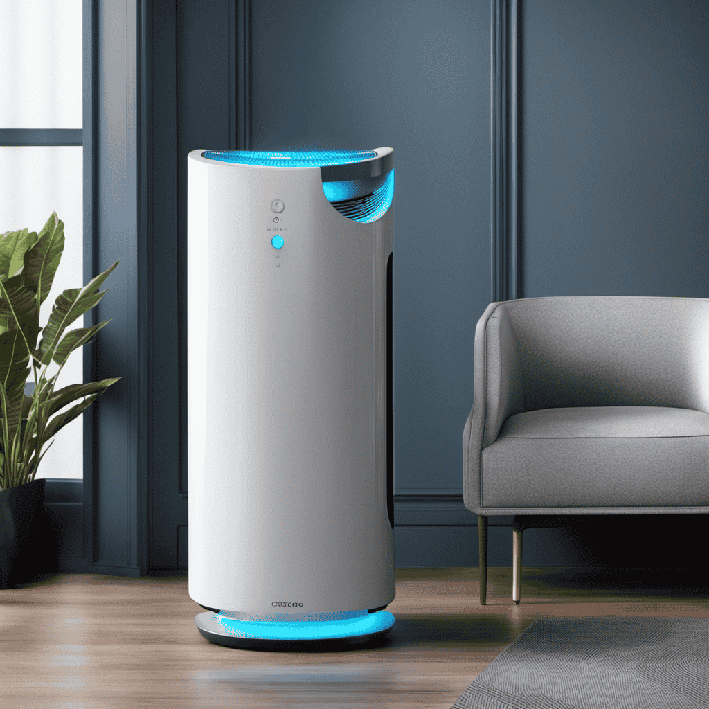 An image that depicts a sleek, modern air purifier emitting a subtle, calming blue UV light