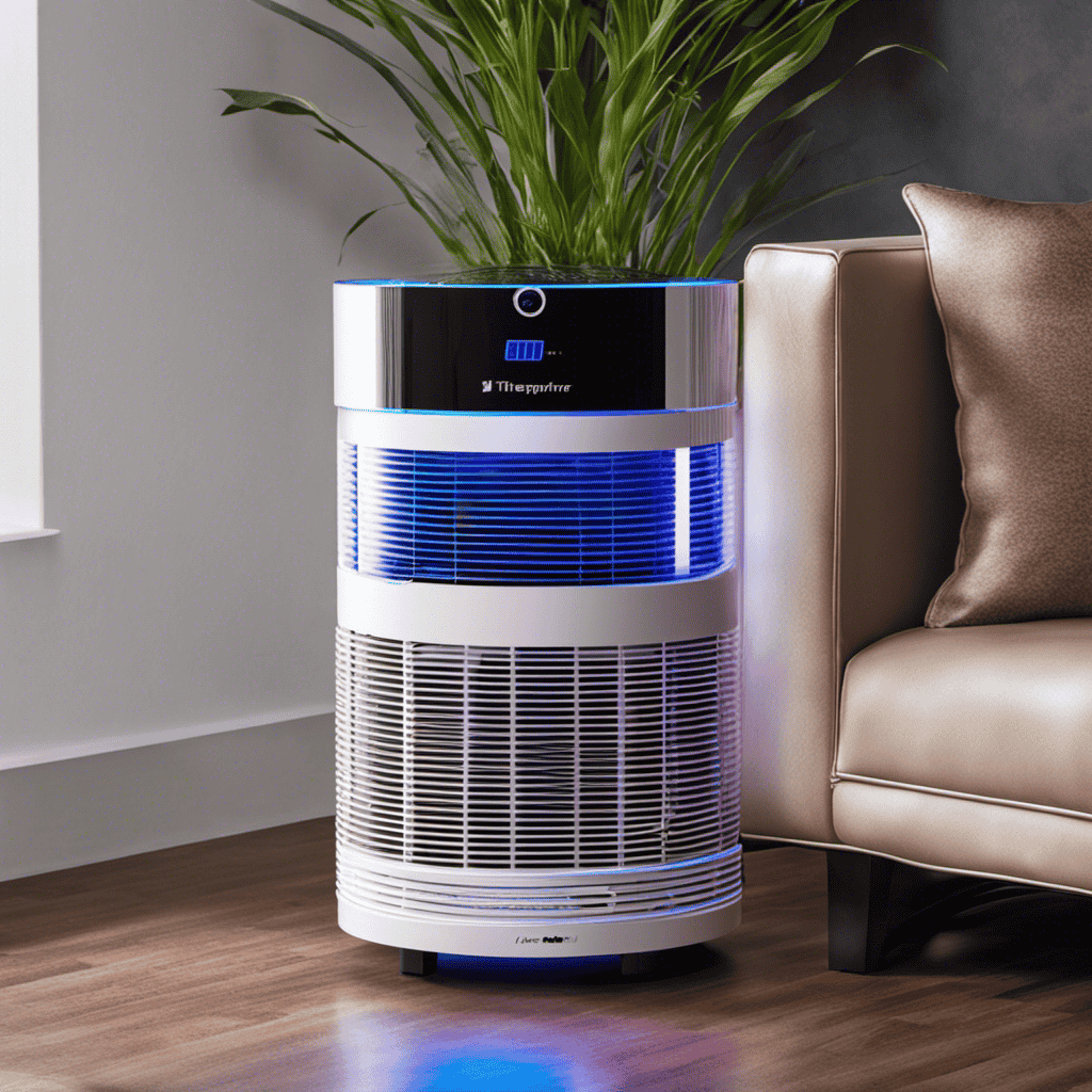 An image showcasing a Therapure Air Purifier with a vibrant ultraviolet (UV) light emitting from within
