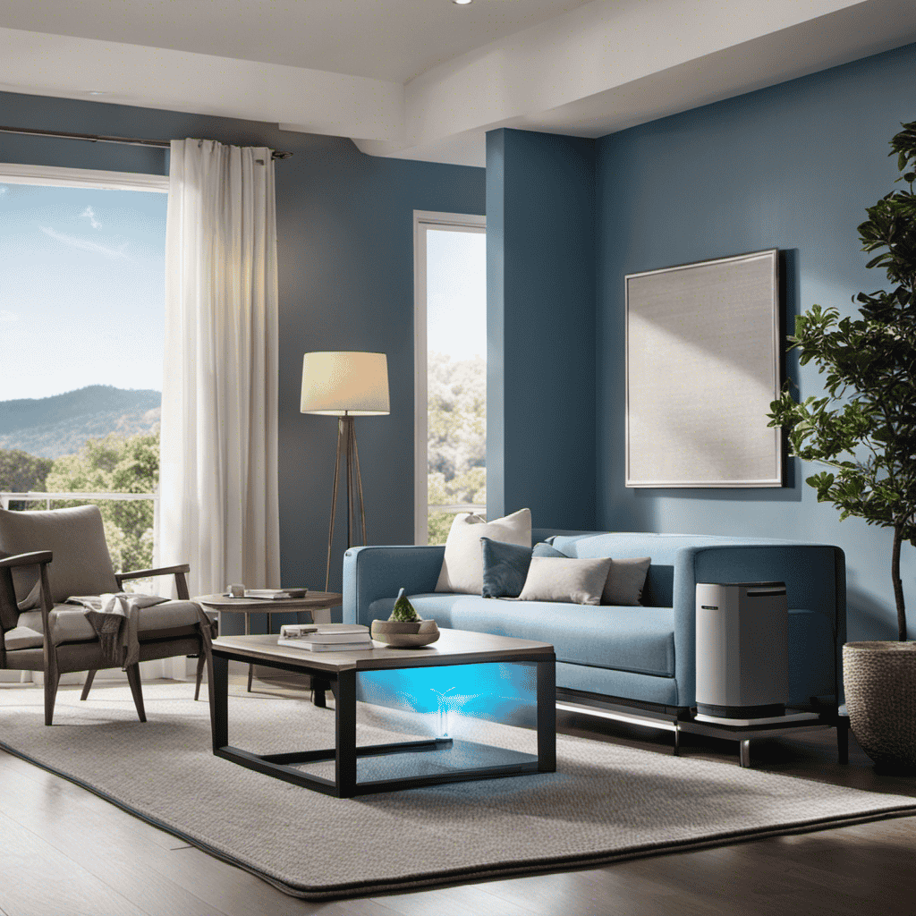 An image showcasing a sleek, modern UV VOC air purifier placed in a sunlit living room