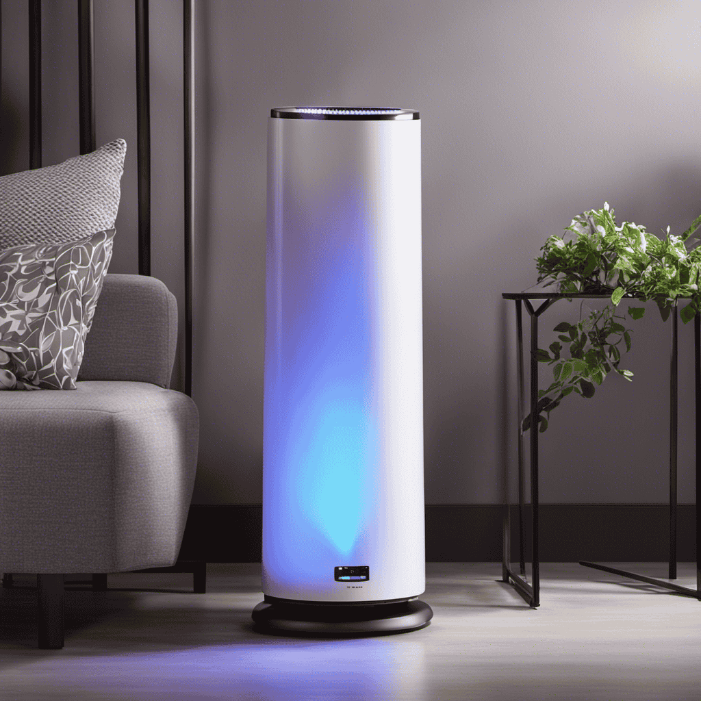 An image showcasing a UV-C light emitting from an air purifier, effectively neutralizing harmful airborne Volatile Organic Compounds (VOCs)