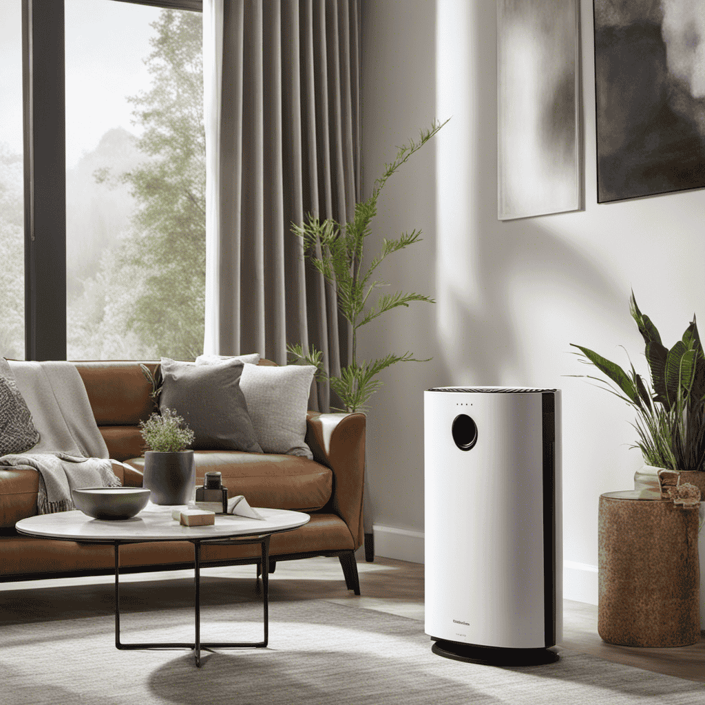 An image showcasing a sleek, modern VOC air purifier in a well-lit living room