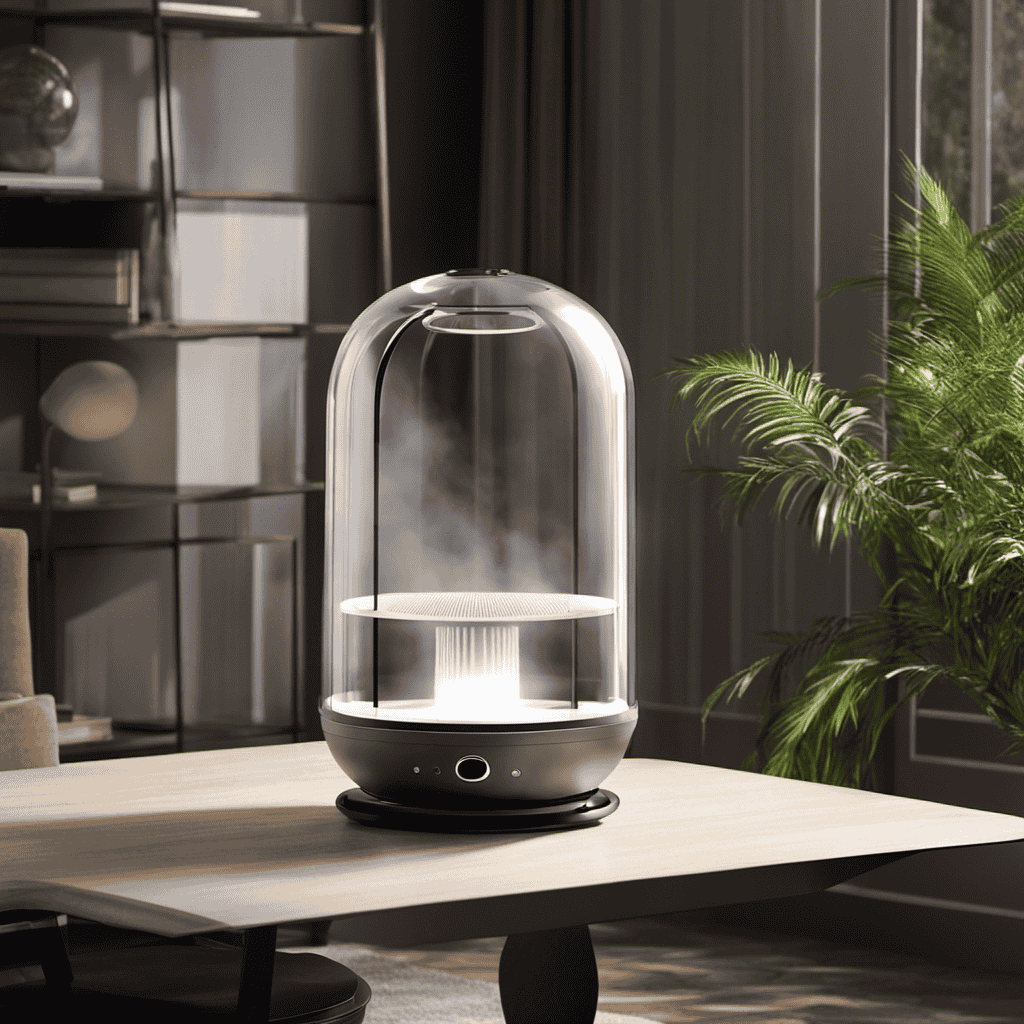 An image showcasing an air purifier with a transparent dome, revealing a polluted room