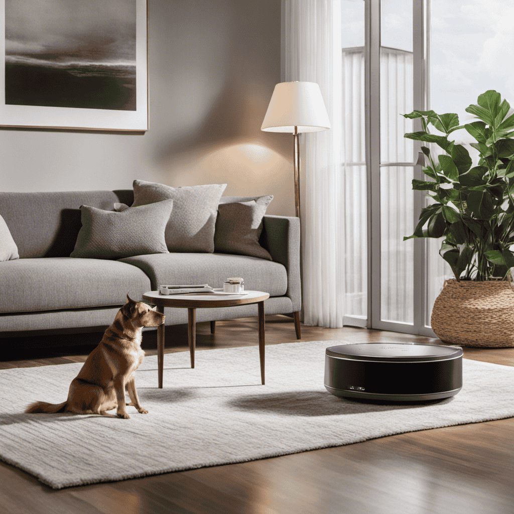 An image showcasing a spacious living room with a sleek, modern air purifier placed strategically near a cozy pet bed