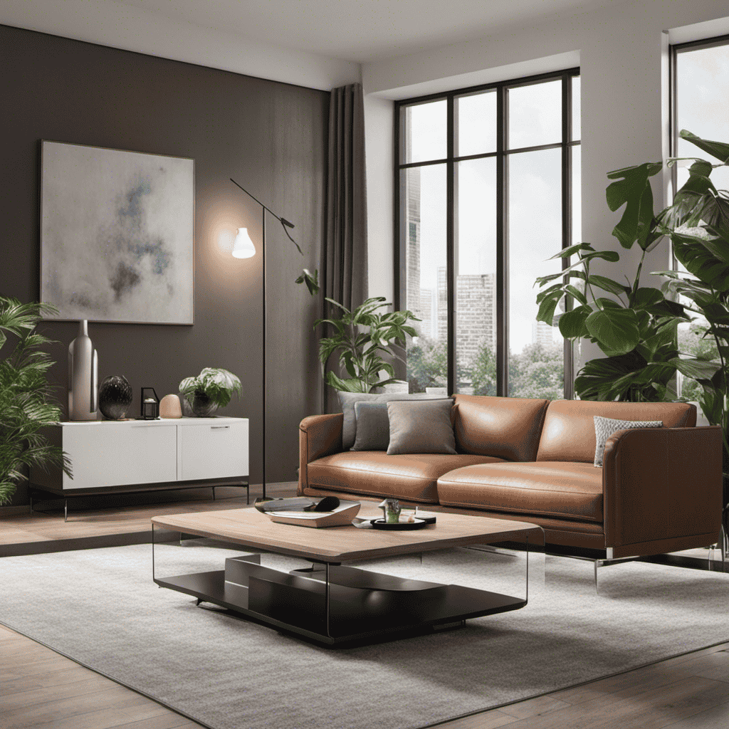 An image showcasing a modern living room with an air purifier in the corner