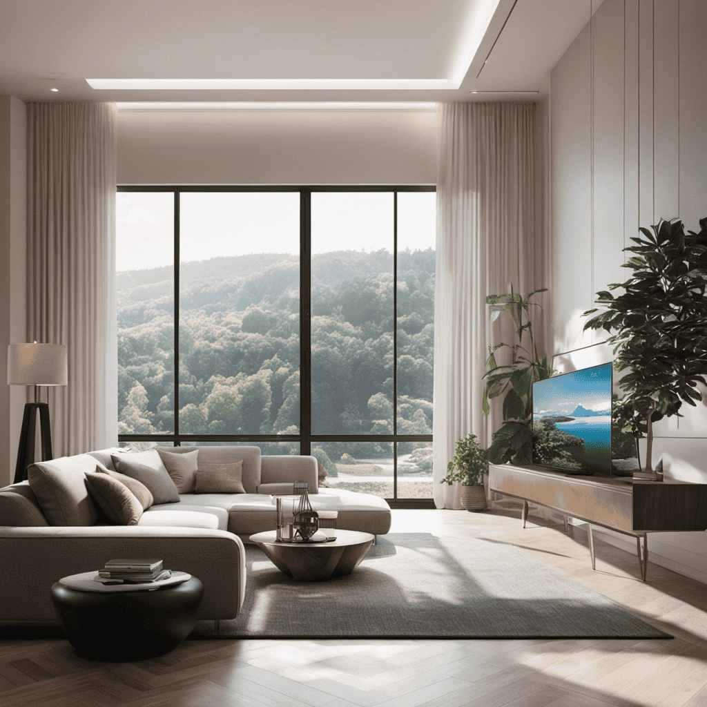 An image showcasing a spacious living room with large windows, sunlight streaming in, and a sleek, high-performance air purifier discreetly positioned in the corner, silently removing allergens and pollutants from the air