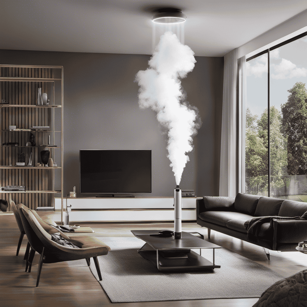 An image capturing a sleek, modern living room with an air purifier placed strategically near a cloud of vapor from a vape pen
