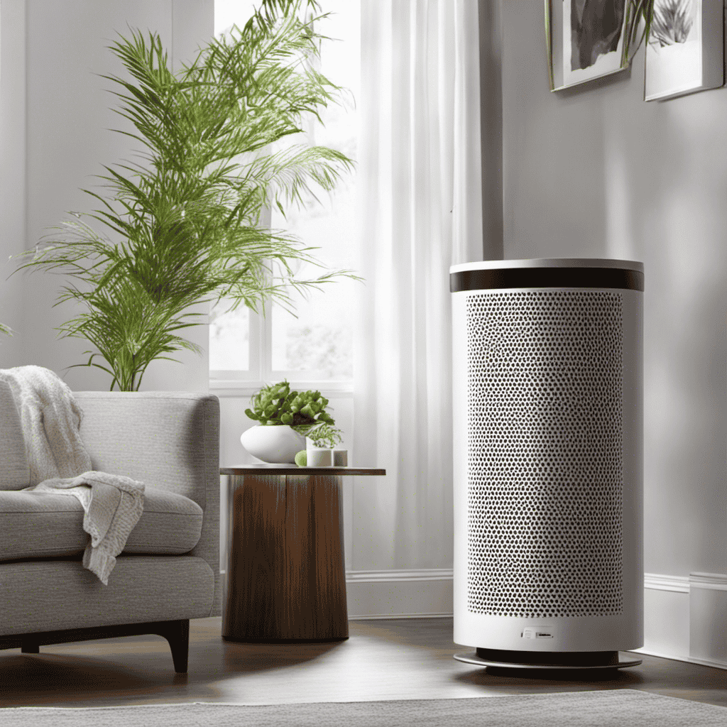 An image that showcases a modern, sleek air purifier with a HEPA filter, releasing clean, purified air into a serene bedroom setting, providing relief to an asthma sufferer