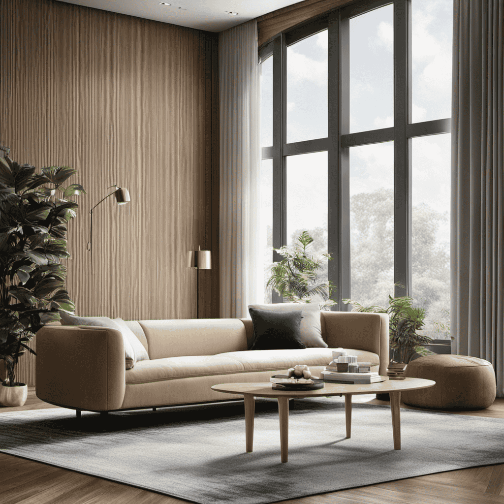 An image featuring a spacious living room with large windows, filled with floating specks of pollen