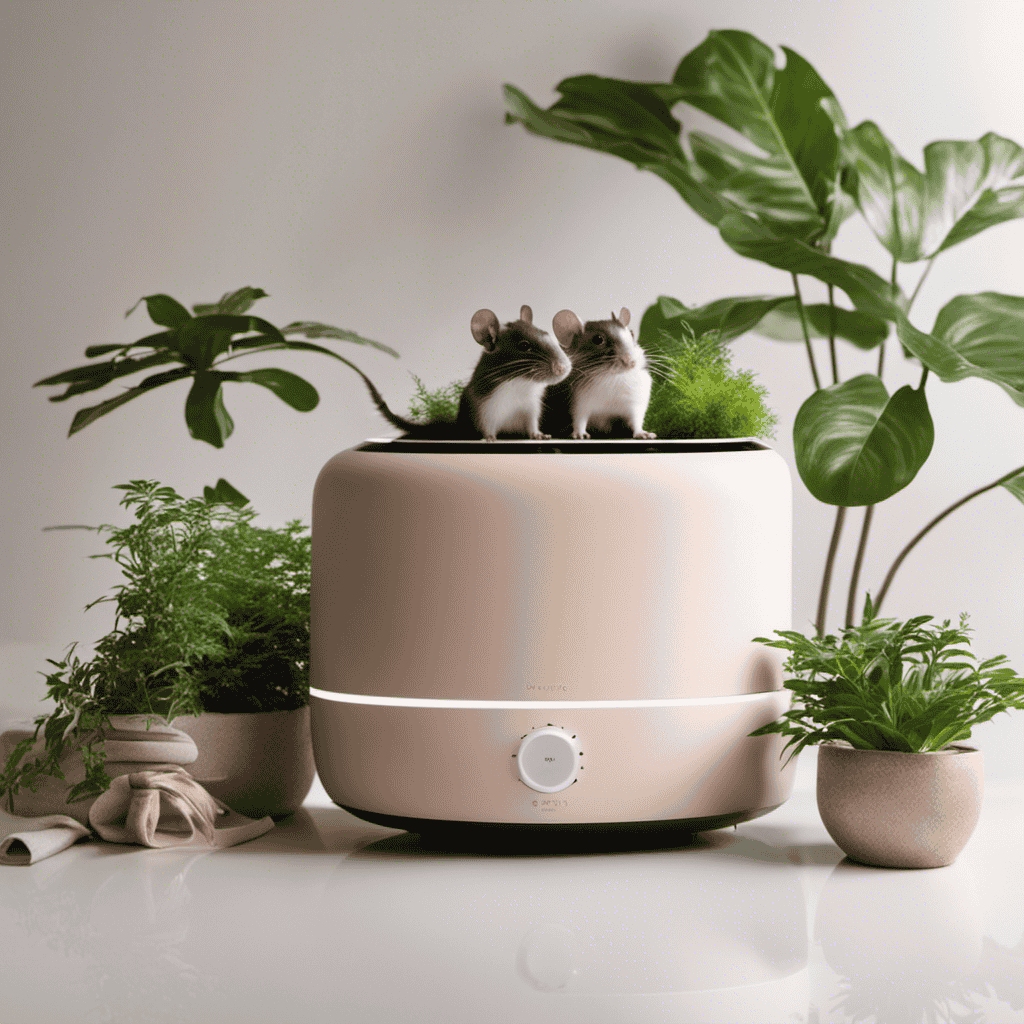 An image showcasing a spacious living room, adorned with plants and a sleek, modern air purifier