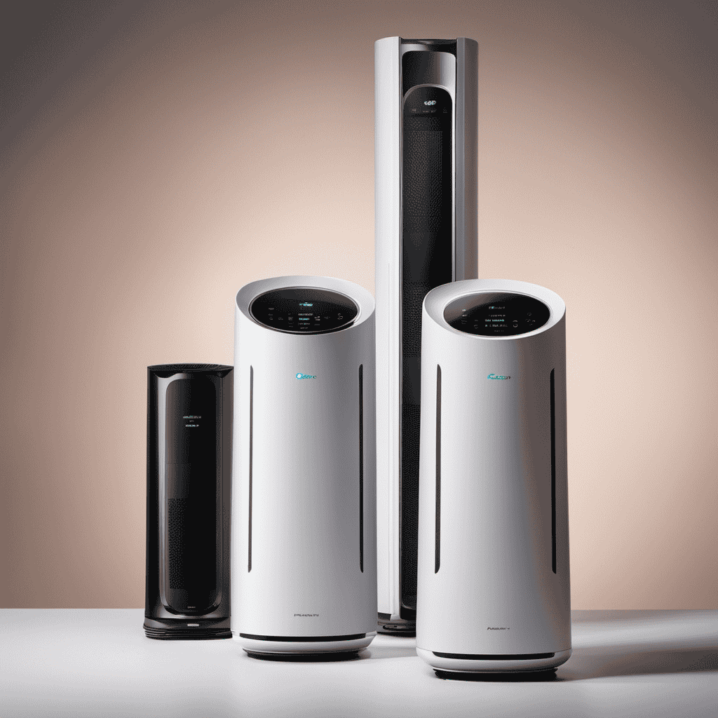 An image showcasing three air purifiers side by side, each representing a different type: a sleek tower purifier with HEPA filter, a compact purifier with activated carbon, and a modern purifier utilizing UV-C light technology