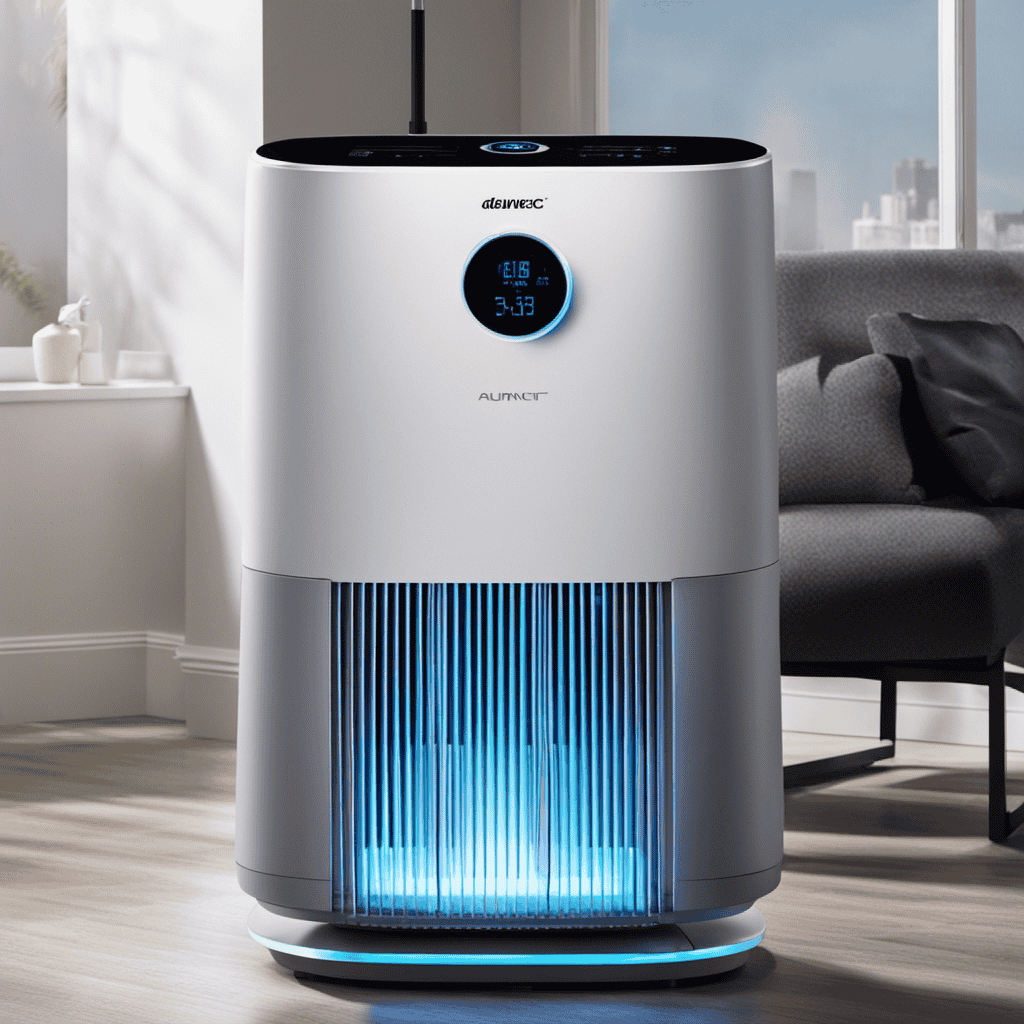 An image showcasing an air purifier in action, capturing microscopic germs being eradicated by advanced UV-C technology