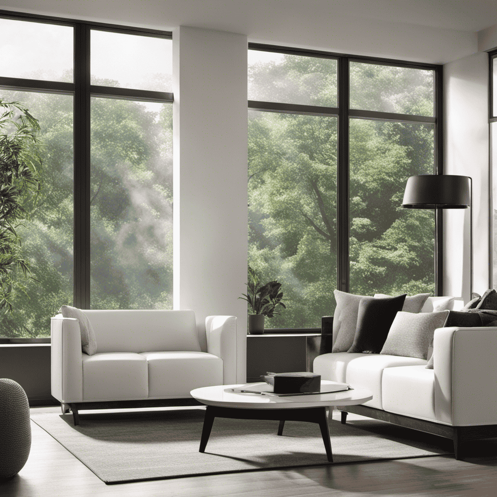 An image showcasing a spacious living room with large windows, shrouded in a haze of smoke