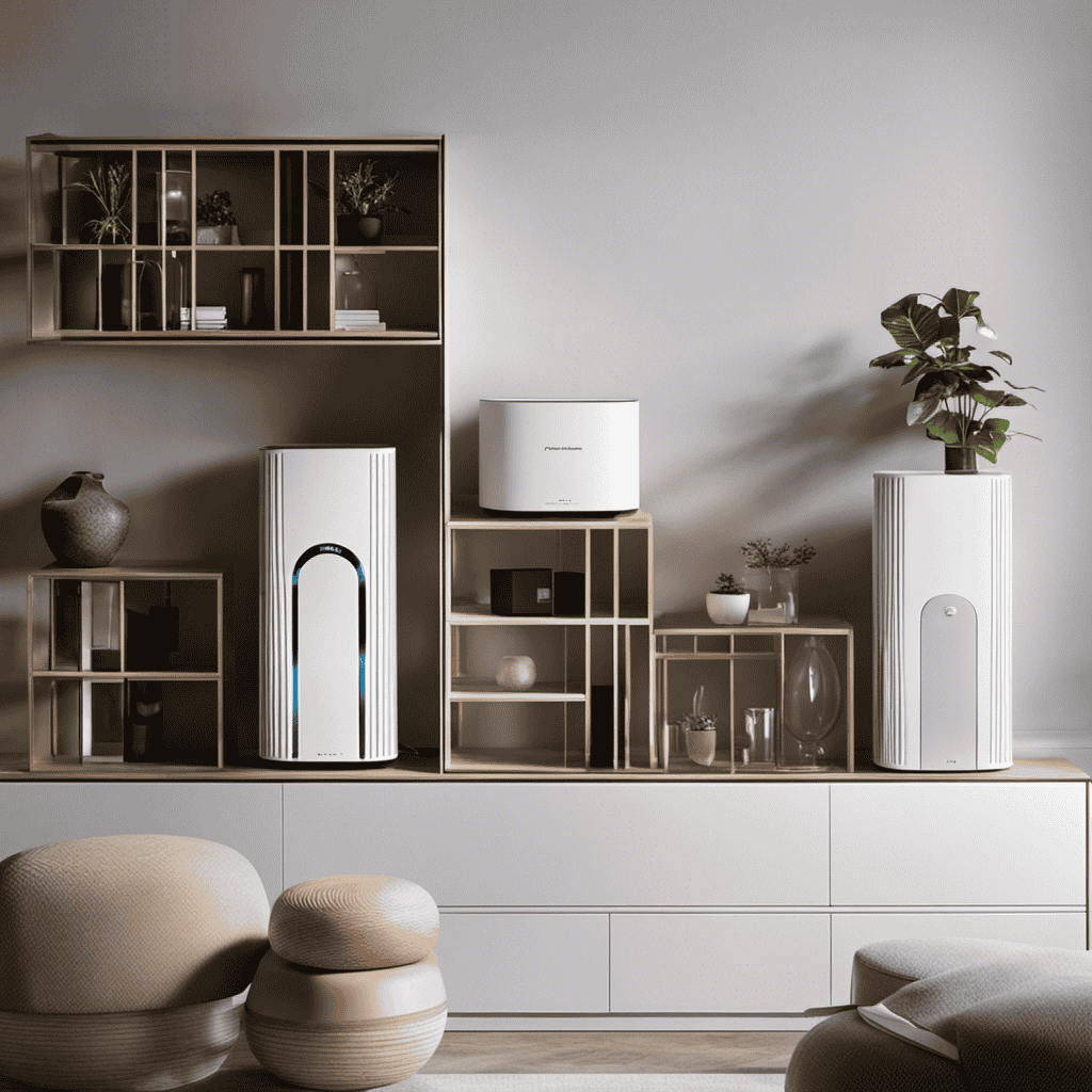An image that showcases a diverse range of air purifiers, neatly arranged on a sleek, modern shelf