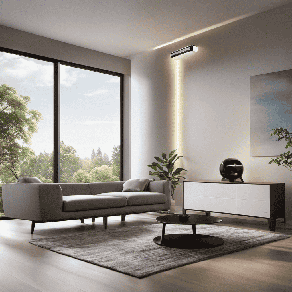 An image showcasing a well-lit living room with a modern, sleek air purifier placed strategically near a window