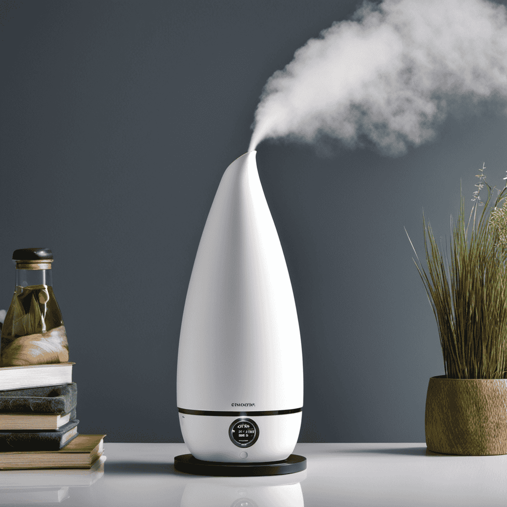 An image showcasing an air purifier releasing a fine mist of disinfectant into the air, with a close-up of the mist particles