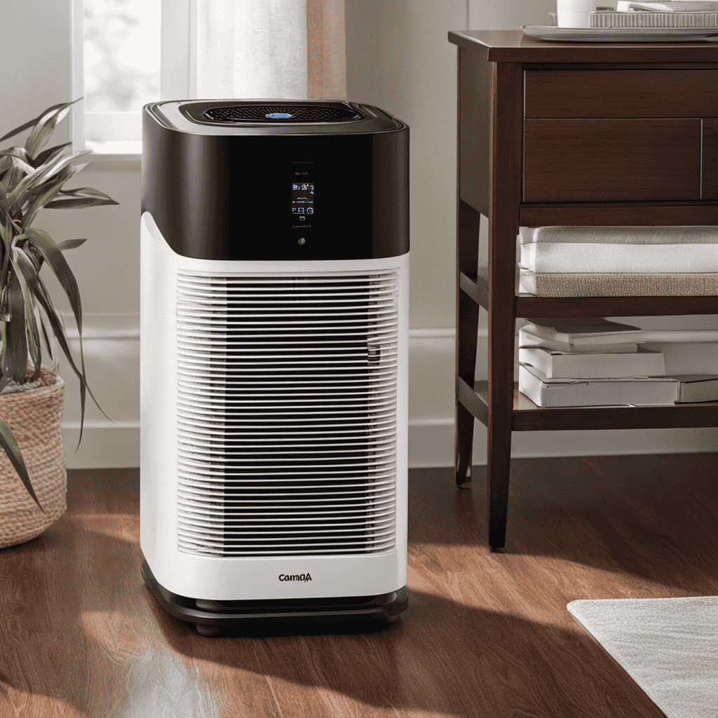 An image showcasing an air purifier with a three-layered filtration system, depicting a pre-filter capturing large particles, a HEPA filter trapping allergens, and an activated carbon filter removing odors and harmful gases