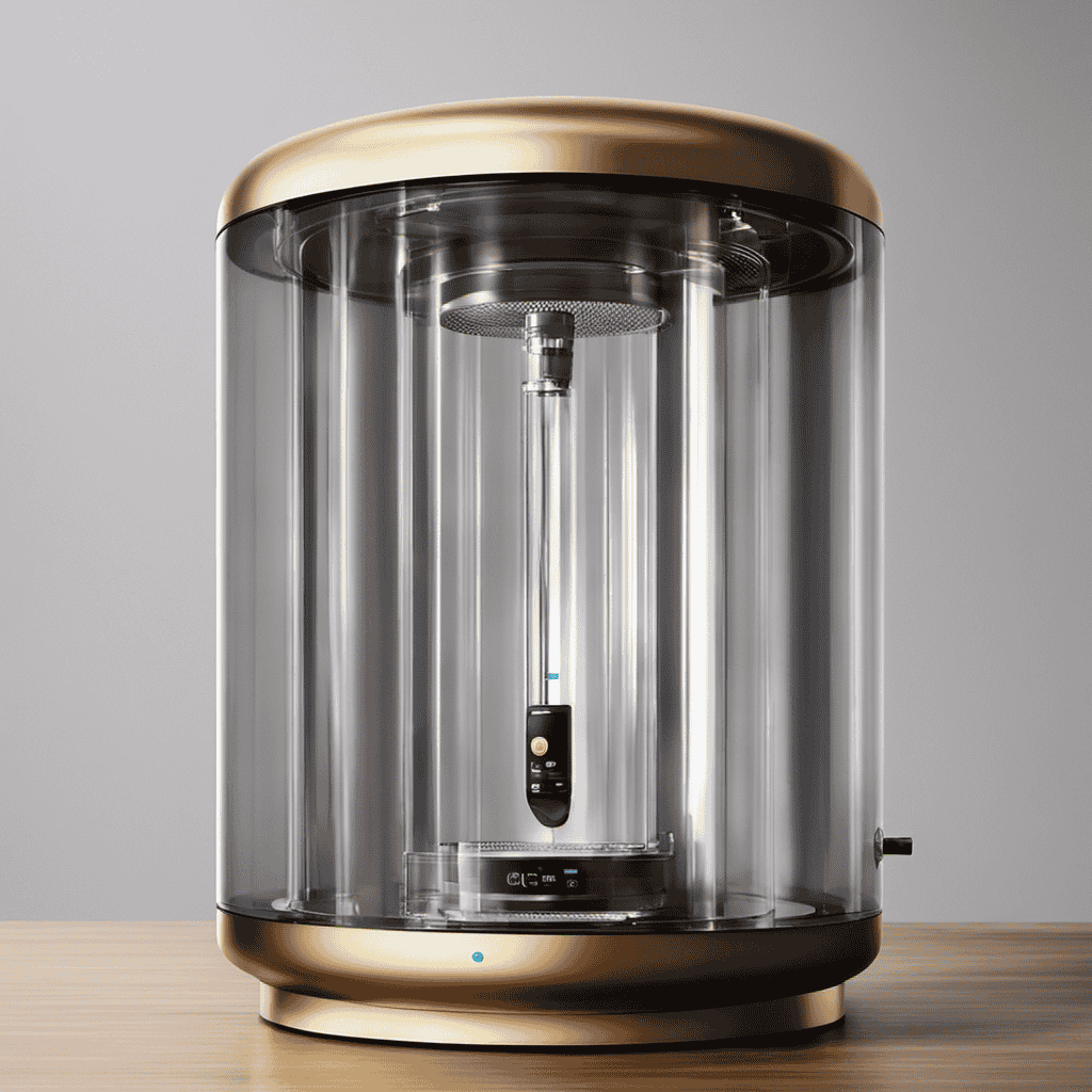 An image showcasing a close-up of an air water purifier, depicting a transparent cylindrical chamber filled with pure, radiant oil