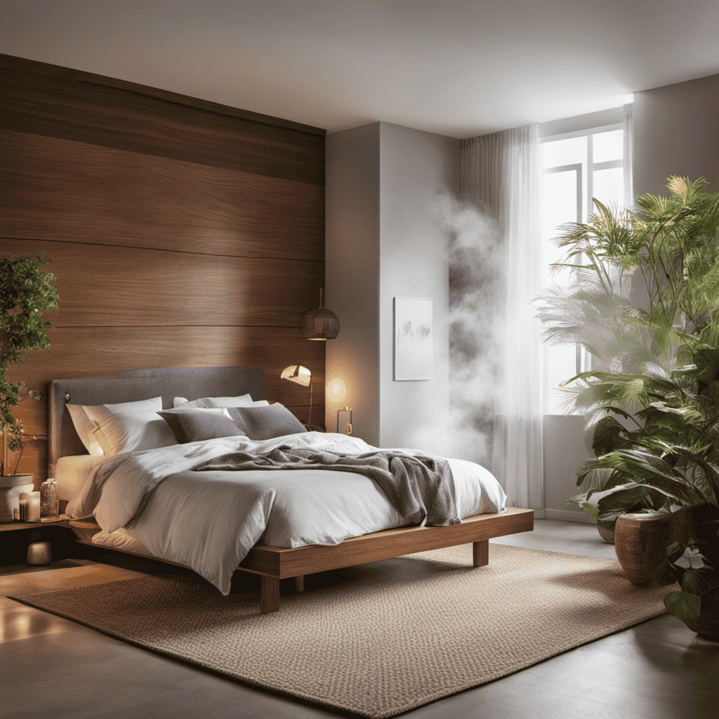 An image showcasing a serene bedroom scene with a humidifier and an air purifier in a cozy corner