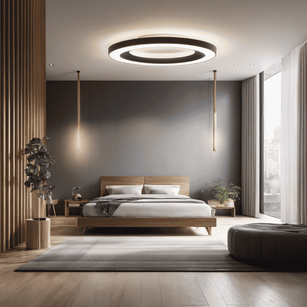 An image showcasing a spacious, well-lit room with a sleek, modern air purifier placed strategically to capture floating particles