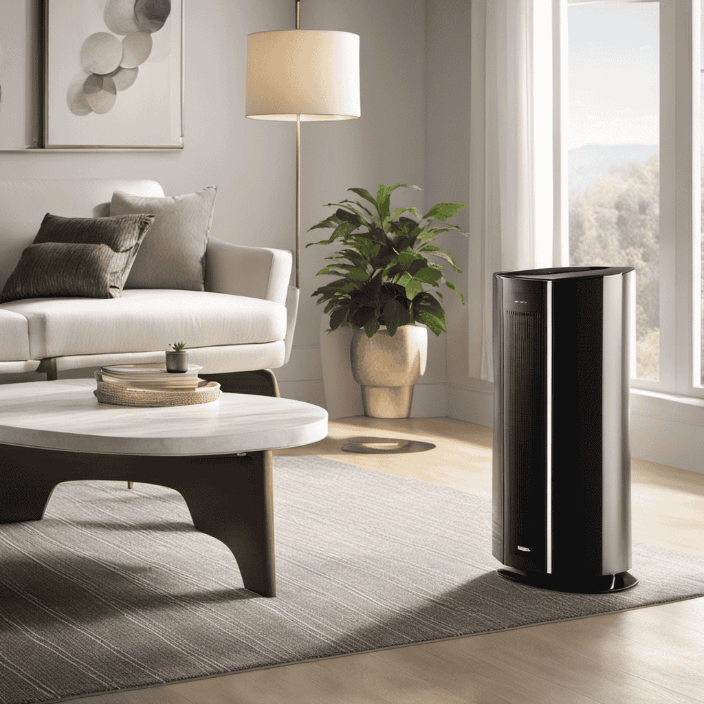 An image showcasing a sleek, modern home air purifier placed in a living room corner