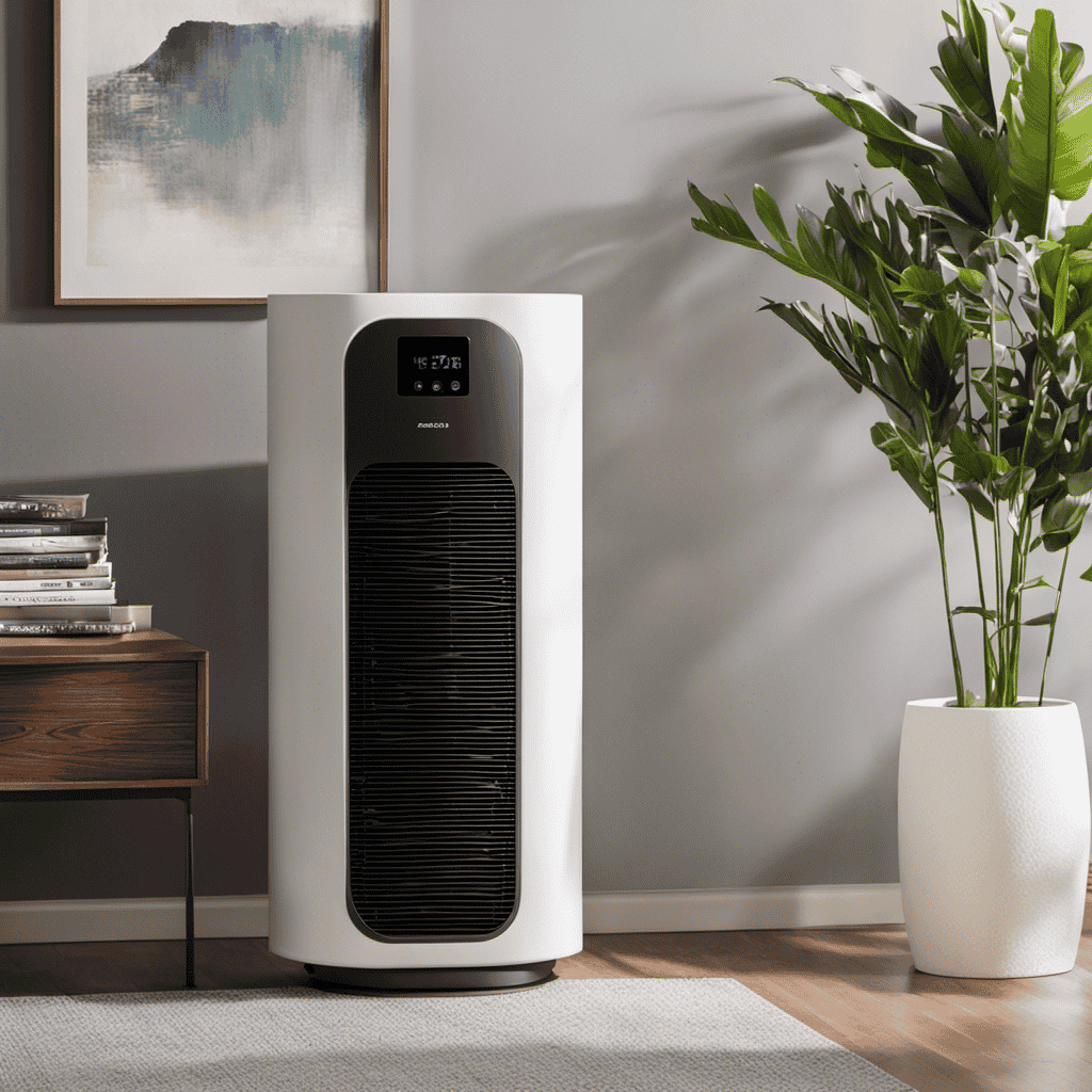 An image showcasing a sleek, modern air purifier in a well-lit room