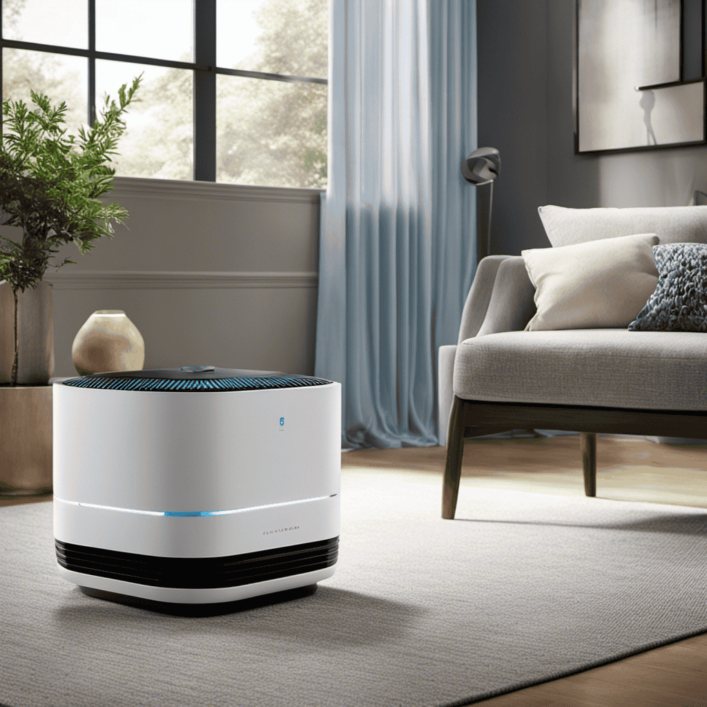 An image showcasing a modern, sleek air purifier in a well-lit living room