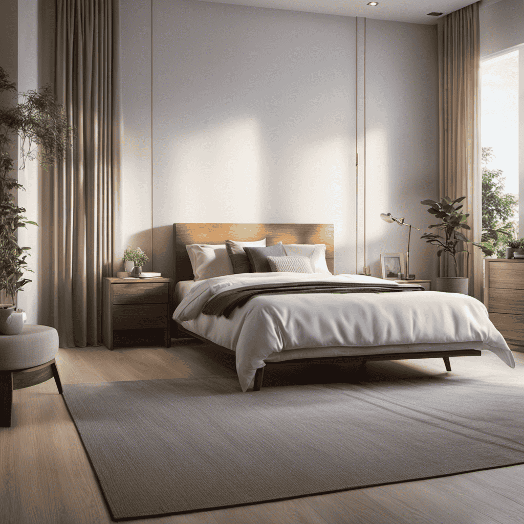 An image featuring a serene bedroom with an air purifier placed on a nightstand