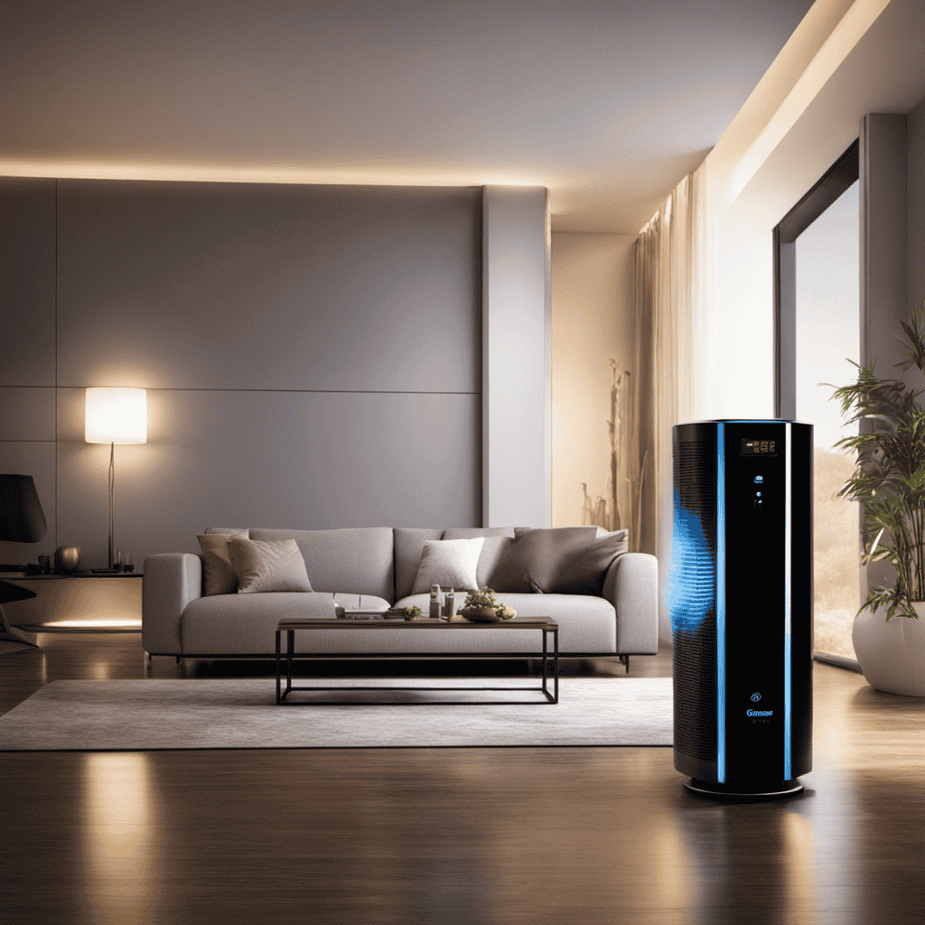 An image showcasing a modern living room with an air purifier emitting harmful ozone gas