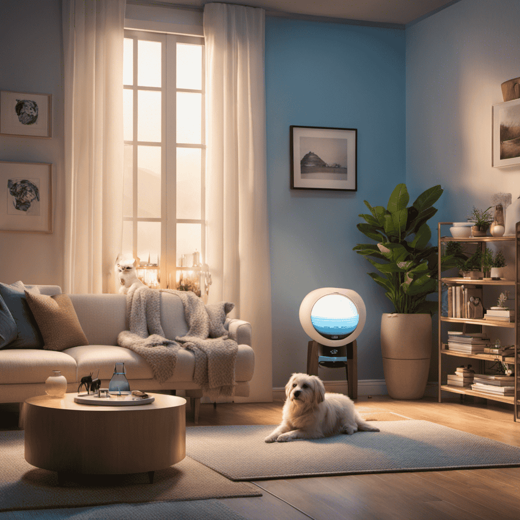 An image showcasing a cozy living room with an air purifier emitting a soft blue light