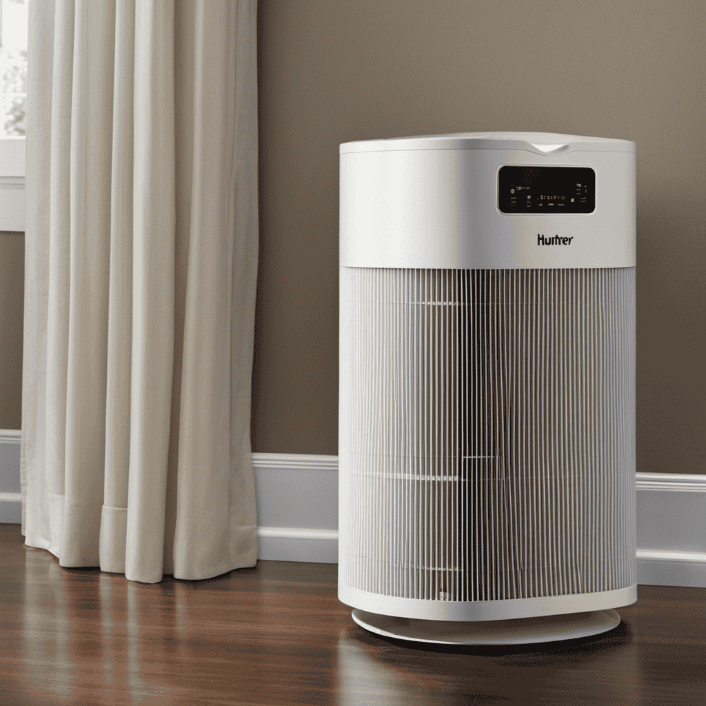 An image showcasing the Hunter Air Purifier Model 30747, with a close-up of the filter compartment