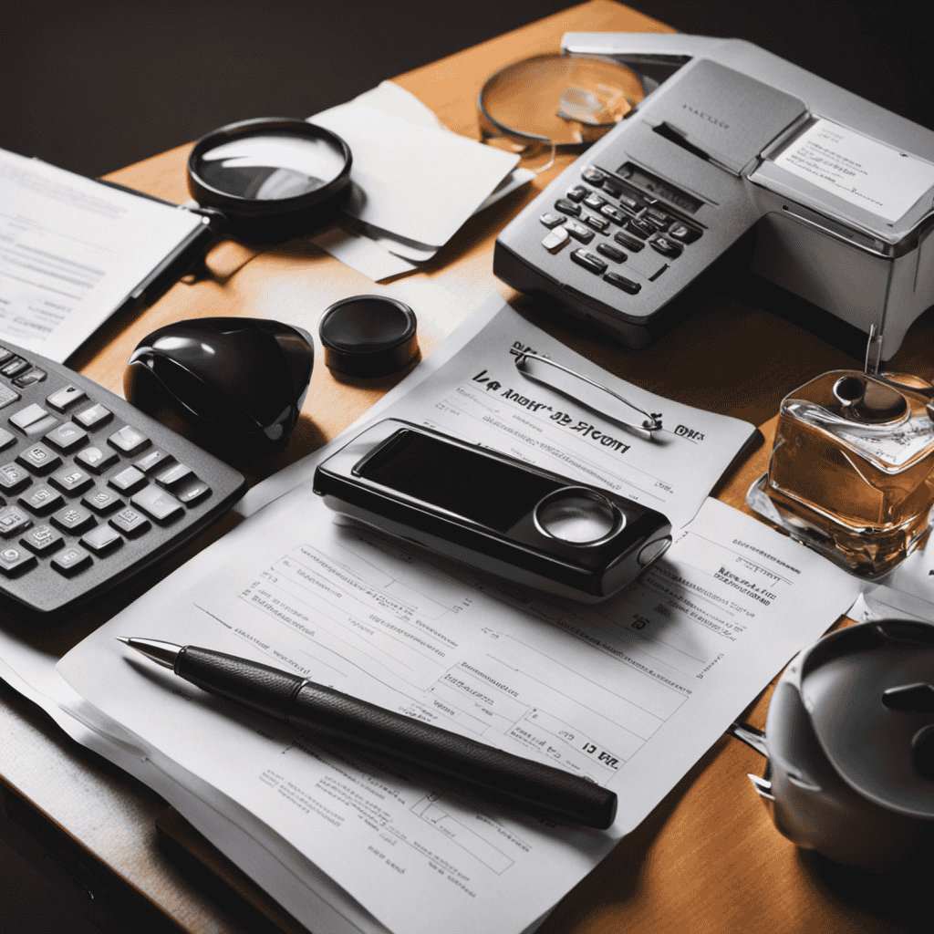 An image showcasing a cluttered office desk with a tax form, a magnifying glass, and an air purifier