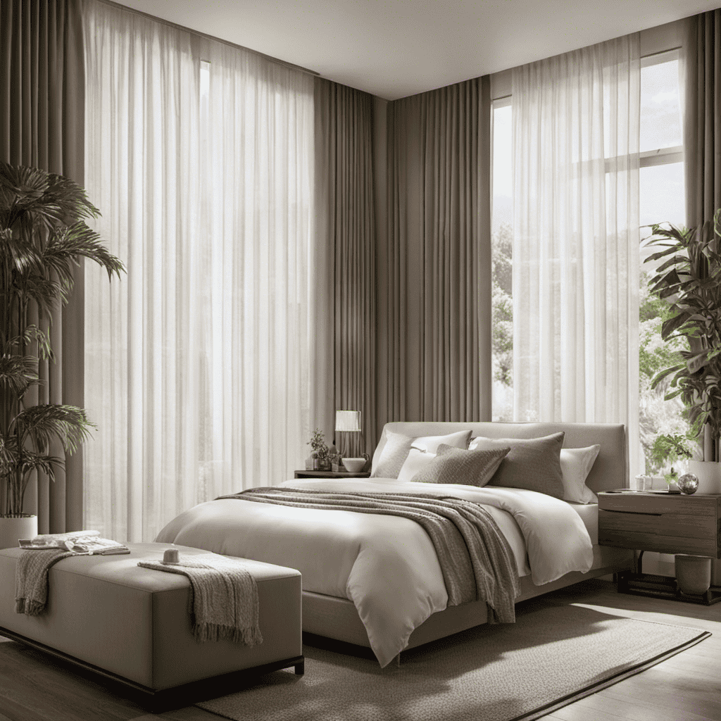 An image showcasing a serene bedroom with sunlight streaming through sheer curtains, a strategically placed air purifier on a bedside table, and the device set to the ideal setting