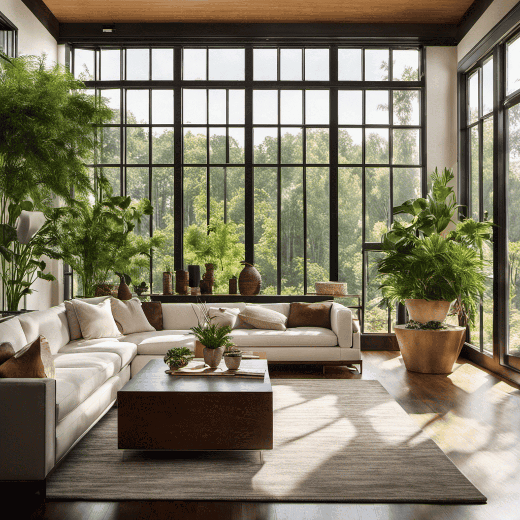 An image showcasing an ionizer air purifier placed in a spacious, sunlit living room with large windows, elegant furniture, and lush green plants