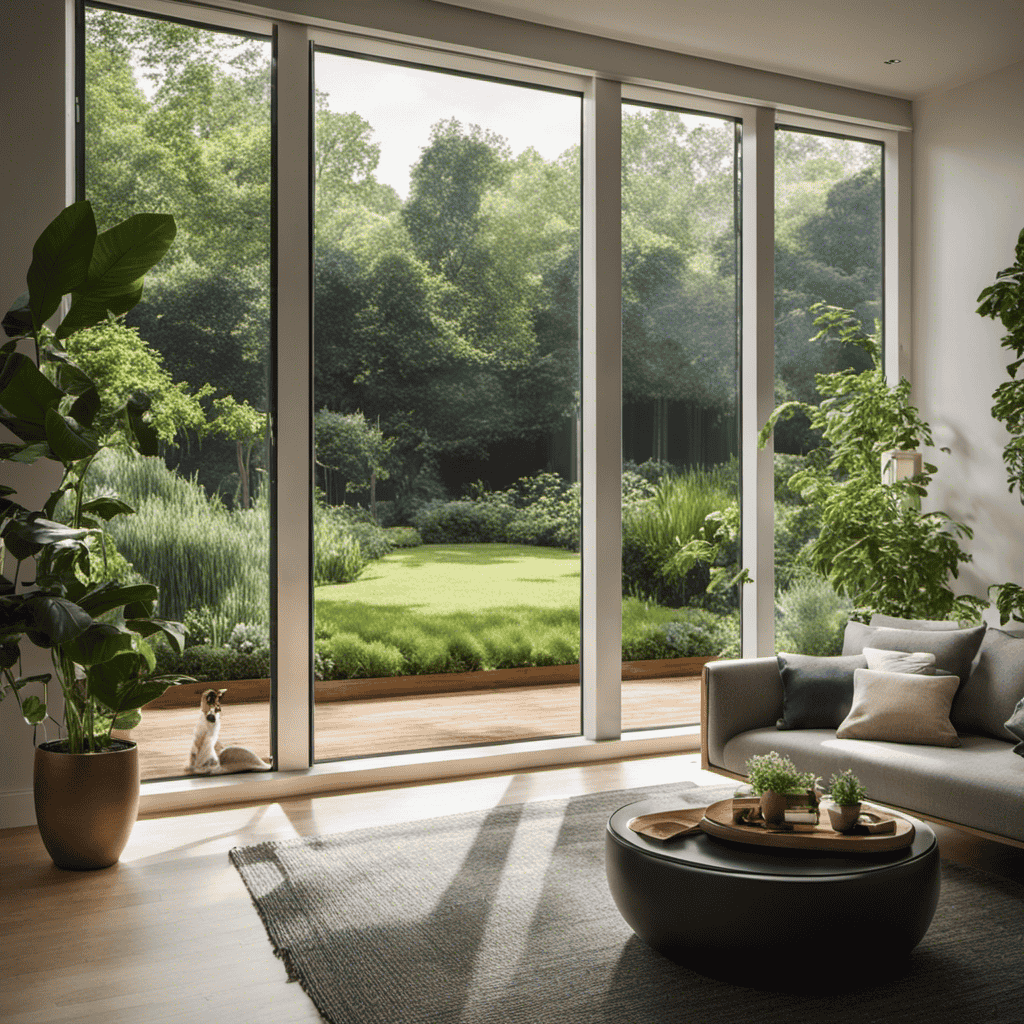 An image: A serene living room with an open window showcasing a lush green garden, where fresh flowers and herbs gently infuse the air